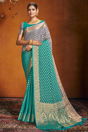 Rama Green and Grey Georgette Party Wear Saree