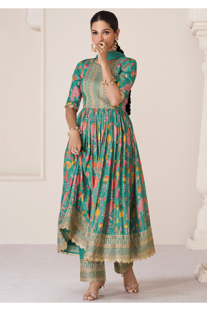 Rama Green Embroidered Organza Silk Trouser Kameez