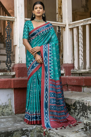 Rama Green Printed Cotton Silk Saree