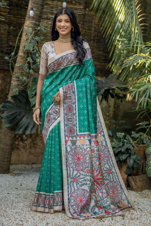 Rama Green Printed Tussar Silk Saree