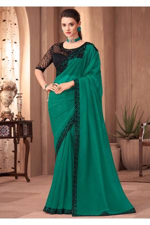 Peacock Green Plain Ready to Wear Silk Saree WITH BLOUSE - WHITE FIRE -  3844623