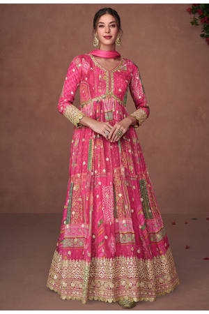 Rani Pink Embroidered Organza Silk Anarkali Suit