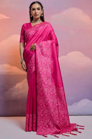 Rani Pink Handloom Raw Silk Woven Saree