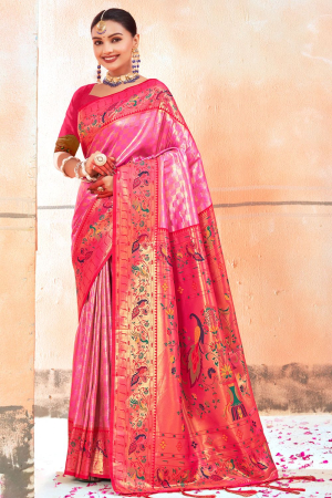 French Rose Pink Woven Paithani Silk Saree – MySilkLove