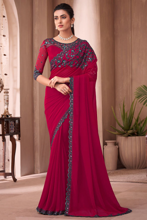 Raspberry Georgette Saree with Embroidered Blouse