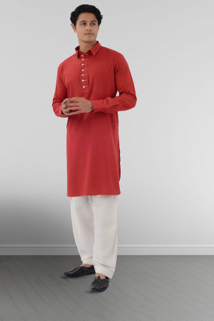 Red Cotton Pathani Kurta Set