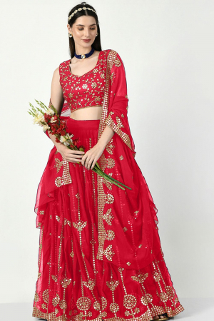 Red Faux Georgette Sequins Embroidered Lehenga Choli Set