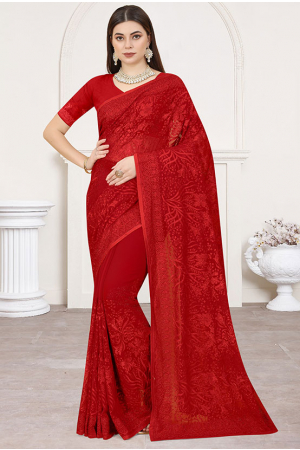 Red Georgette Embroidered Saree