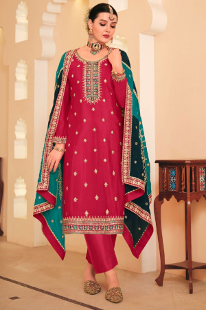 Red Heavy Chinnon Embroidered Trouser Kameez Suit