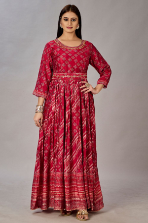 Red Muslin Silk Anarkali Gown