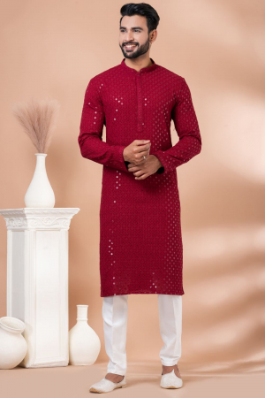 Red Rayon Sequins Embroidered Kurta Set