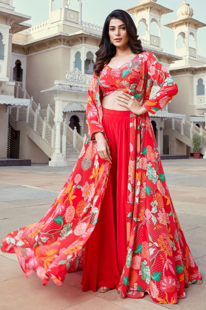 Multi-color readymade organza lehenga floral printed skirt, round-neck with  sleeveless crop top & net ruffle dupatta