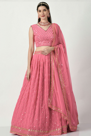 Rose Pink Faux Georgette Sequins Embroidered Lehenga Choli Set