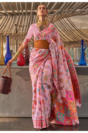Rose Pink Kashmiri Modal Handloom Weaving Saree