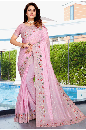 Rose Pink Resham Embroidered Crepe Silk Saree