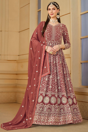 Rose Taupe Embroidered Faux Georgette Anarkali Suit
