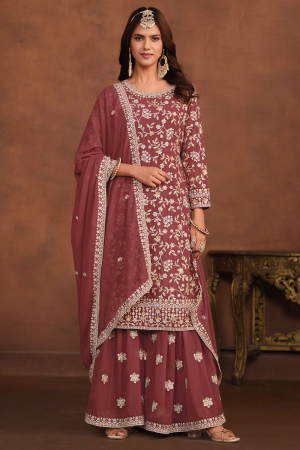 Rose Taupe Embroidered Faux Georgette Palazzo Kameez
