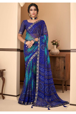 18-GEETHA-Royal Blue Batique Floral Digital Printed Half Saree