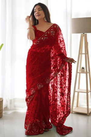 Scarlet Red Embroidered Net Saree for Party