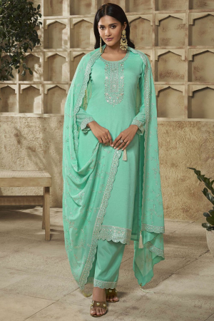 Sea Green Embroidered Party Wear Palazzo Kameez