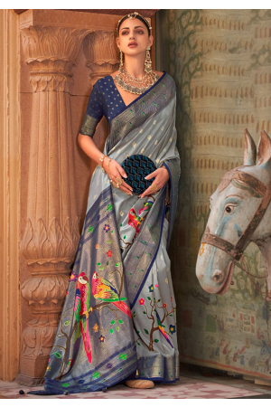 Sky Grey Woven Paithani Silk Saree