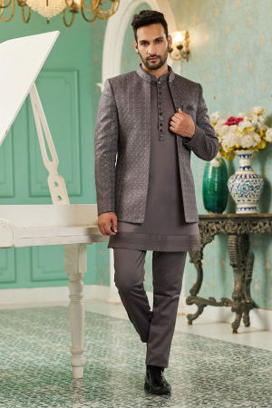 Slate Grey Art Silk 3 Pcs Jodhpuri Suit