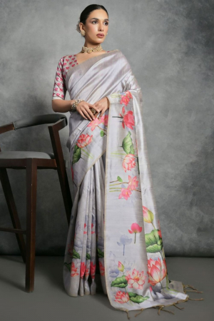 Soft Grey Printed Tussar Silk Saree