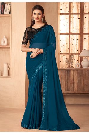 Teal Green Heavy Embroidered Designer Saree