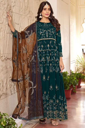 Teal Green Embroidered Faux Georgette Anarkali Suit