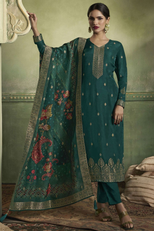 Teal Green Viscose Jacquard Party Wear Readymade Suit