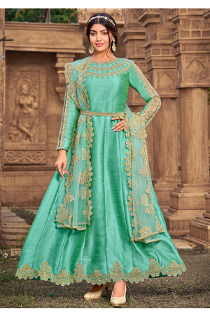 Turquoise Embroidered Silk Anarkali Suit