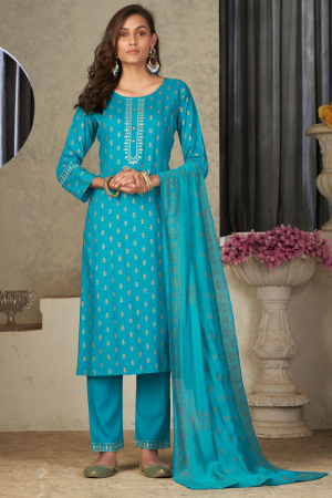 Turquoise Rayon Readymade Pant Kameez Suit