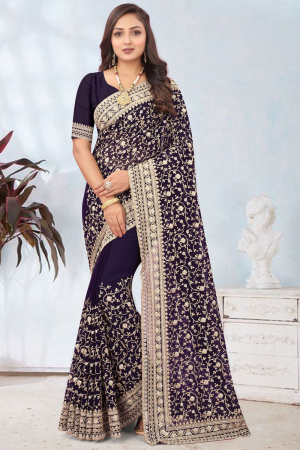Violet Georgette Cord Embroidered Saree