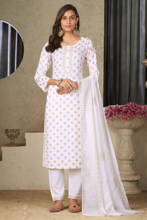 White Rayon Readymade Pant Kameez Suit
