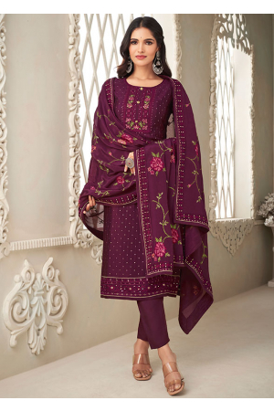Wine Embroidered Chinnon Pant Kameez