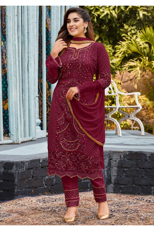 Wine Embroidered Faux Georgette Pant Kameez
