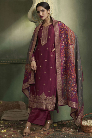 Wine Viscose Jacquard Party Wear Readymade Suit