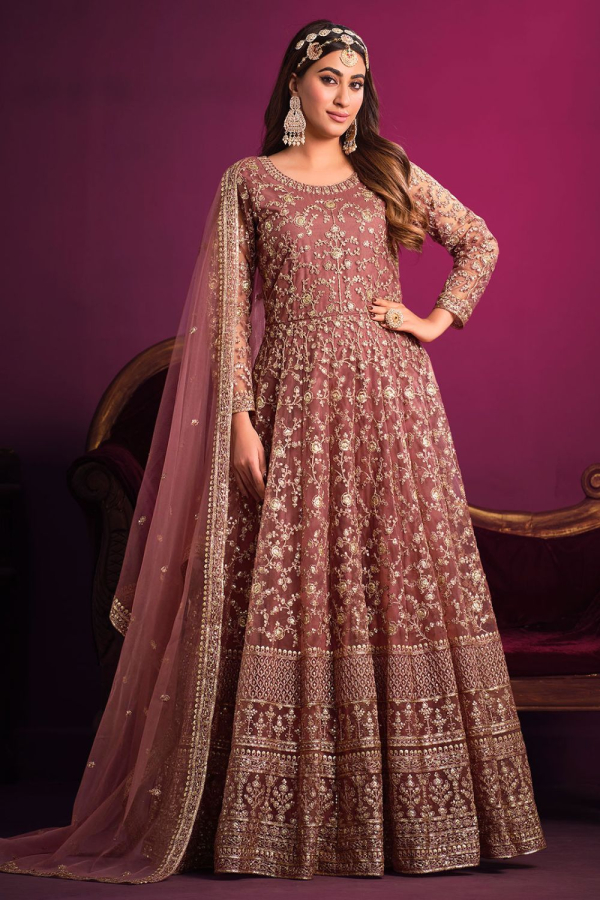 Buy Purple Embroidered Net Anarkali Dress - Gunj Fashion