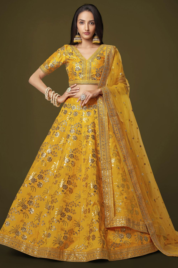 Sunshine Yellow Lehenga Set with All-Over Gold and Silver Patchwork  Embroidery - Seasons India