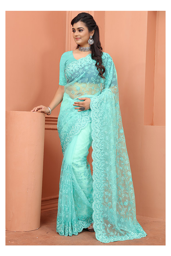 Shaded Aqua Blue Kachhi Silk Saree