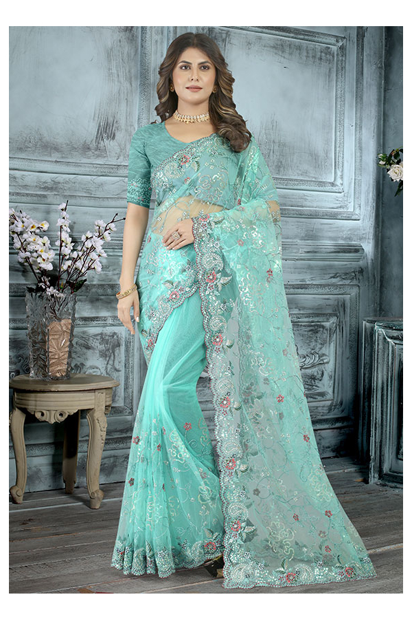 Orgenza Sea Blue Color Pure Organza Silk And Border Gold Embroidery Work  And All Over Print saree With Contrast Blouse, Work Sarees, Embroidery Work  Saree, कढ़ाई वाली साड़ी - Orgenza Store, Surat |