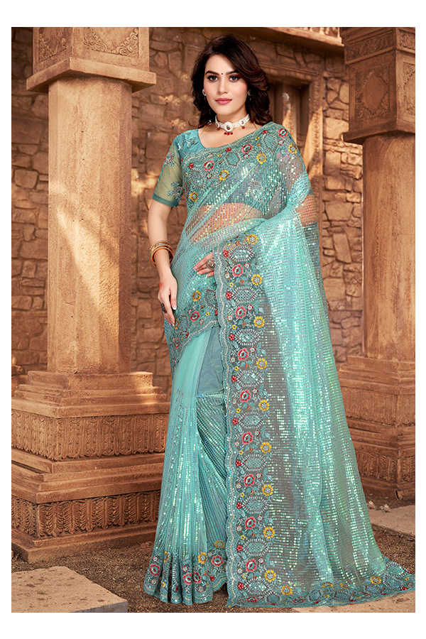 Buy JAYKAR CREATION VICHITRA SWARA AQUA BLUE SILK SAREE WITH SEQUENCE  BORDER LACE AND VELVET BLOUSE Online at Best Prices in India - JioMart.