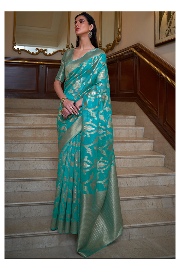 Buy Jigar Mali Blue Organza Dori Embellished Saree With Blouse Online | Aza  Fashions