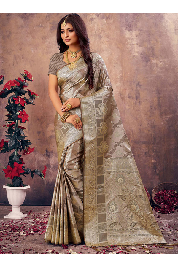 Beige Banarasi Saree with Embroidery Work - Urban Womania