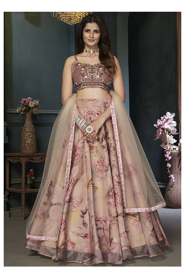 Husnah Lehenga - Lavender and Peach Lehenga Set with Mirrorwork