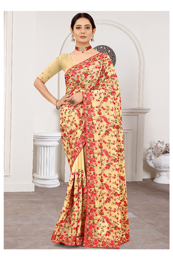 Beige Georgette Saree with All-Over Bundi Motif and Sequin Vine Border |  Exotic India Art