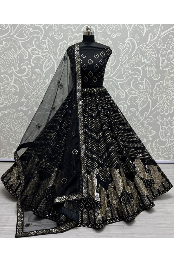 Black Lehenga Choli in Net with Designer Heavy Embroidery,Diamond Work -  LC4412