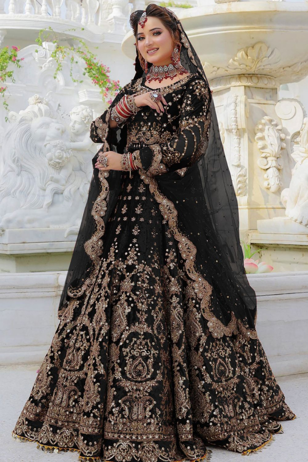Black Stone with moti Wedding Lehenga Choli in Velvet - LC6910