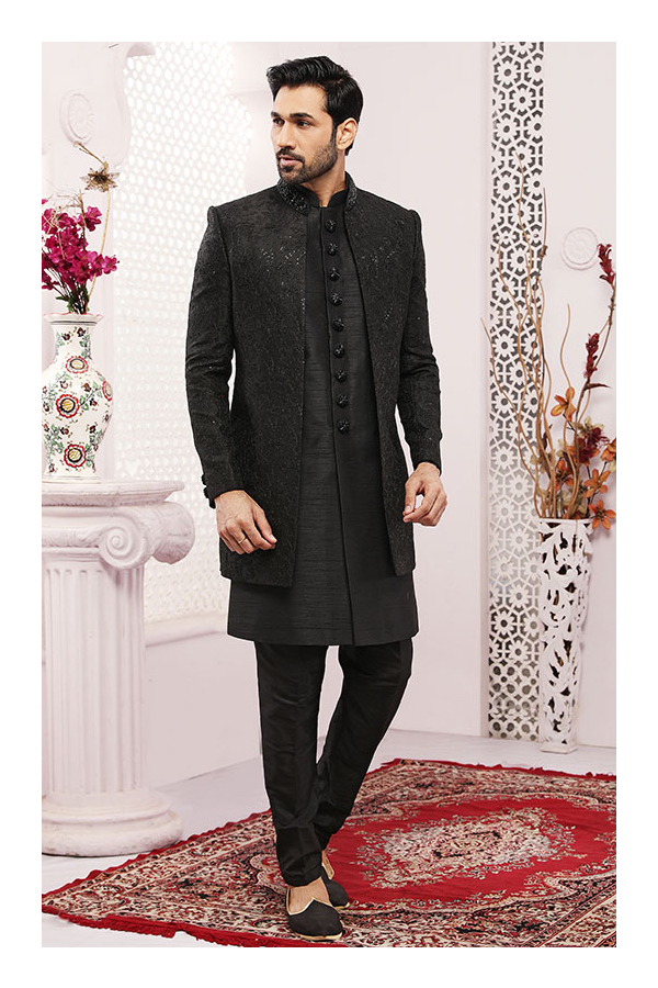 Black Heavy Designer Indo Western Style Suit