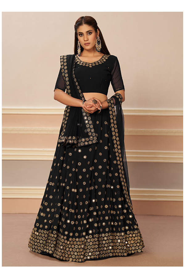 Buy Black Chinnon Silk Navratri Wear Mirror Work Lehenga Choli Online From  Wholesale Salwar.